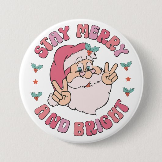 Retro Merry & Bright Santa Ronde Button 7,6 Cm (Voorkant)