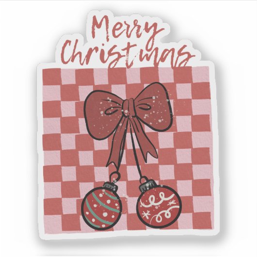 Retro Merry Christmas Bow and Ornaments Design Sticker (Voorkant)