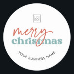Retro Merry Christmas Custom Business Company Logo Ronde Sticker<br><div class="desc">Deze elegante stickers zouden geweldig zijn voor uw zakelijke / promotionele behoeften. Voeg eenvoudig uw eigen logo en aangepaste tekst toe door op de optie "personaliseren" te klikken.</div>