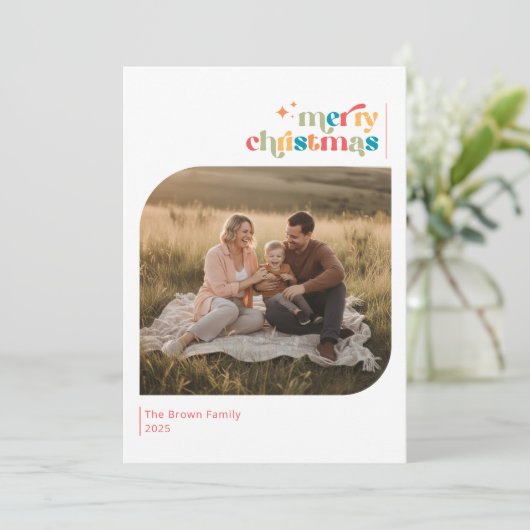 Retro Merry Christmas Family Photo Wish Feestdagenkaart (Staand voorkant)