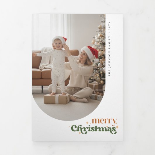Retro Merry Christmas Photo Trifold Fold Card Drieluik Kaart (Cover)