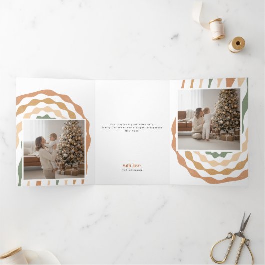 Retro Merry Christmas Photo Trifold Fold Card Drieluik Kaart (Binnen)