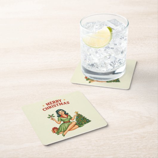 Retro Merry Christmas Pin-Up Paper Coaster Kartonnen Onderzetters (Insitu)