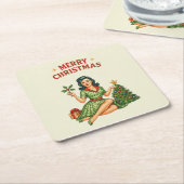 Retro Merry Christmas Pin-Up Paper Coaster Kartonnen Onderzetters (Schuin)