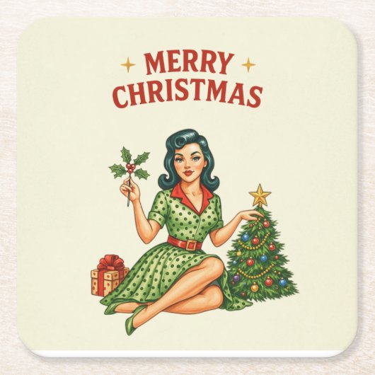 Retro Merry Christmas Pin-Up Paper Coaster Kartonnen Onderzetters (Voorkant)