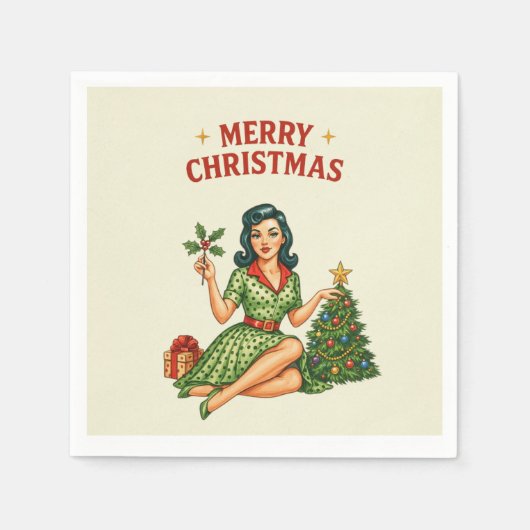 Retro Merry Christmas Pin-Up Paper Napkin  Servet (Voorkant)