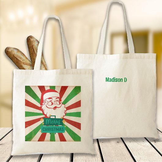 Retro  Merry Christmas Santa Aangepaste naam Tote Bag