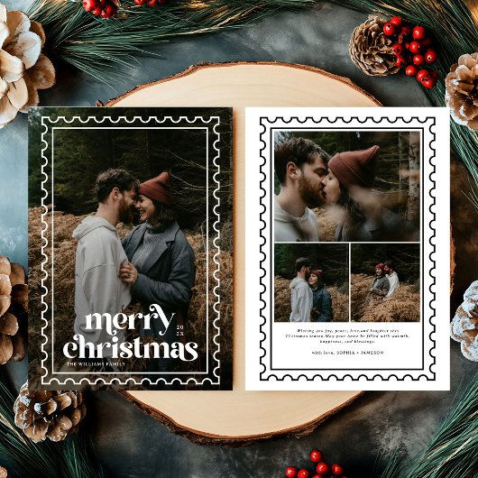 Retro Merry Christmas Stamp familie Foto Feestdagenkaart