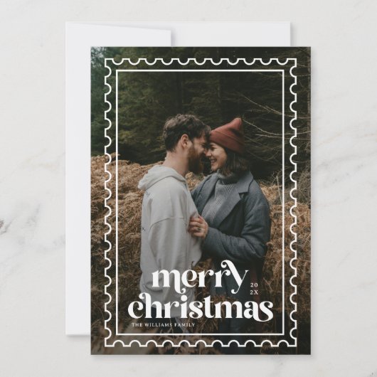 Retro Merry Christmas Stamp familie Foto Feestdagenkaart (Voorkant)
