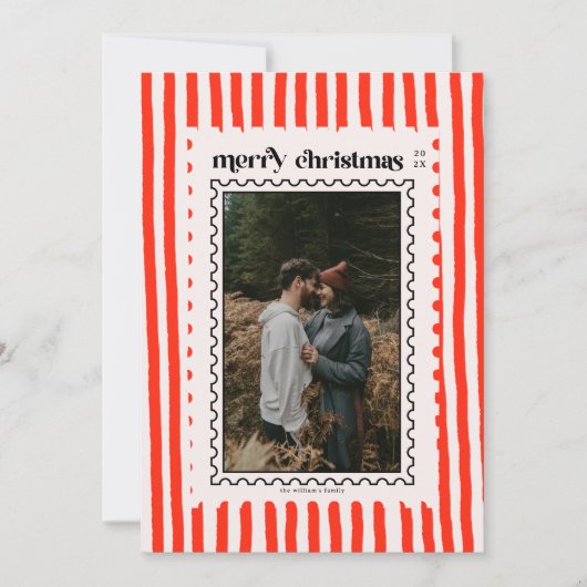 Retro Merry Christmas Stamp Stripes familie Foto Feestdagenkaart (Voorkant)