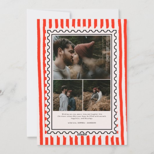 Retro Merry Christmas Stamp Stripes familie Foto Feestdagenkaart (Achterkant)