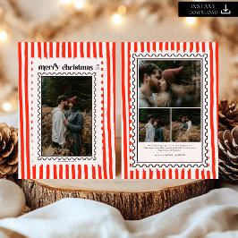 Retro Merry Christmas Stamp Stripes familie Foto Feestdagenkaart