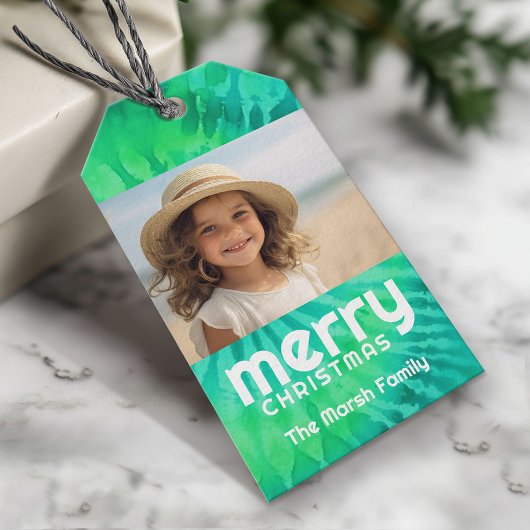 Retro Merry Christmas Stropdas-Dye Blauwgroen Foto Cadeaulabel