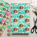 Retro Merry Christmas Stropdas-Dye Blauwgroen Foto Inpakpapier Vel<br><div class="desc">Onconventioneel kerstontwerp met een 70s-vibe. Foto met de woorden "MERRY CHRISTMAS" in een retro lettertype dat coördineert met de niet-traditionele achtergrond. Voeg je favoriete foto toe aan dit eclectische en kleurrijke ontwerp. Retro Tie Dye Pattern in een mix van groen en blauwgroen. Als u iets wilt verplaatsen, klikt u op...</div>