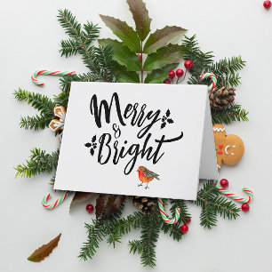 Retro Merry en Bright Red Robin Minimalist Typo Feestdagen Kaart