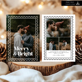 Retro Merry en Bright Stamp familie Foto Feestdagenkaart