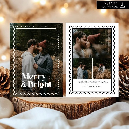 Retro Merry en Bright Stamp familie Foto Feestdagenkaart
