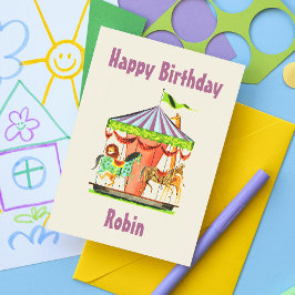 Retro Merry-Go-Round Kind Naam Happy Birthday Briefkaart