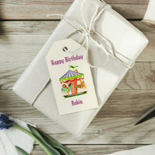 Retro Merry-Go-Round Kind Naam Happy Birthday Cadeaulabel