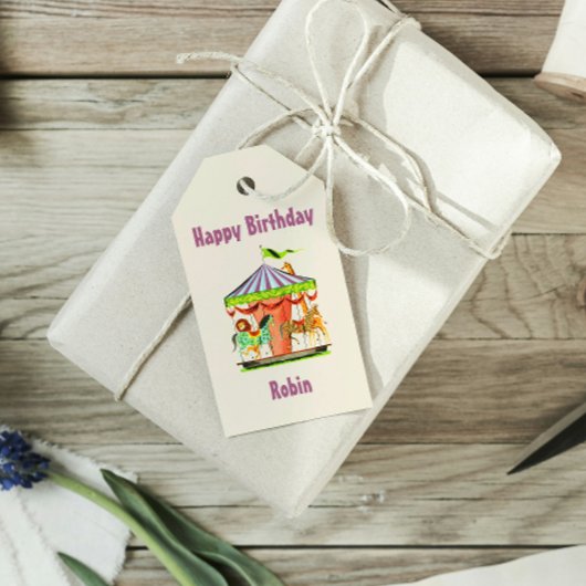 Retro Merry-Go-Round Kind Naam Happy Birthday Cadeaulabel