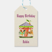 Retro Merry-Go-Round Kind Naam Happy Birthday Cadeaulabel (Voorkant)