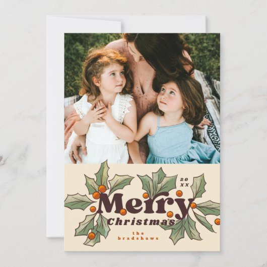 Retro Merry Holly Foto Feestdagenkaart (Voorkant)