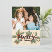 Retro Merry Holly Foto Feestdagenkaart (Staand voorkant)