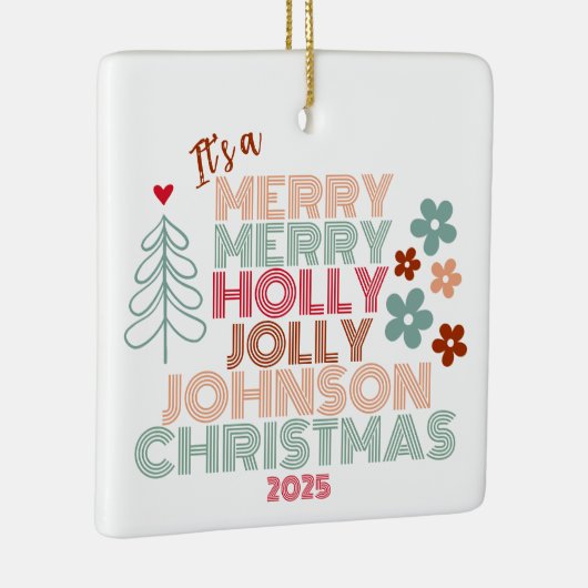 Retro Merry Holly Jolly Christmas Keramisch Ornament (Rechts)