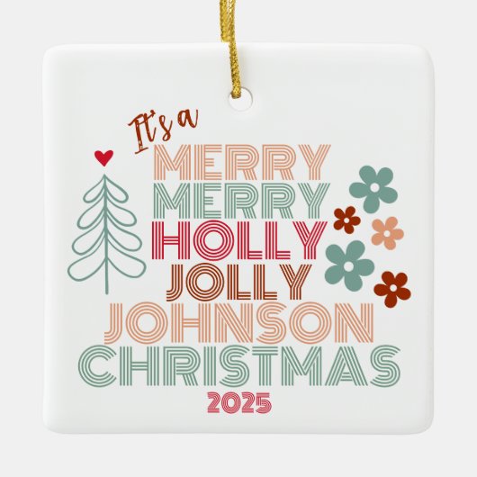 Retro Merry Holly Jolly Christmas Keramisch Ornament (Voorkant)