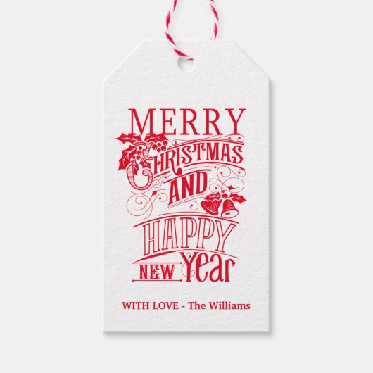 Retro Merry kerst & Happy Nieuwjaar Cadeaulabel (Voorkant)