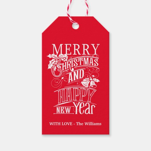 Retro Merry kerst & Happy Nieuwjaar Cadeaulabel (Voorkant)