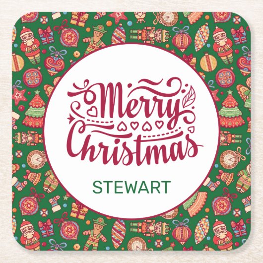 Retro Merry kerst op maat Kartonnen Onderzetters (Voorkant)