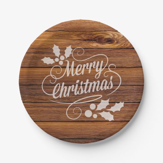 Retro Merry kerst Typografie Barn Wood Papieren Bordje (Voorkant)