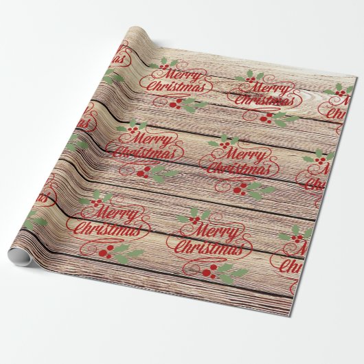 Retro Merry kerst Typografie Birch Wood Cadeaupapier (Uitgerold)