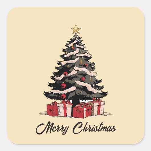 Retro Merry Kerstboom Sticker (Voorkant)