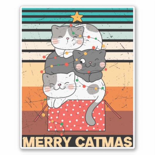 Retro Merry kerstkat Vinyl Sticker (Voorkant)