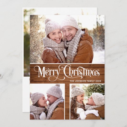 Retro Merry Kerstmis Rustic 4 PHOTO Greeting Feestdagenkaart (Voorkant / Achterkant)