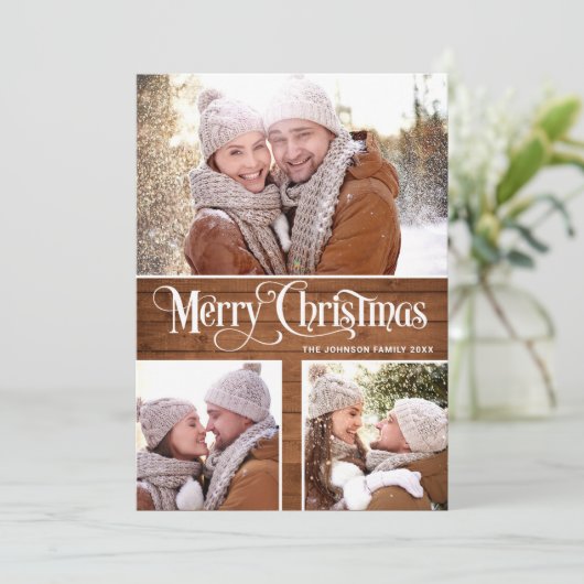 Retro Merry Kerstmis Rustic 4 PHOTO Greeting Feestdagenkaart (Staand voorkant)