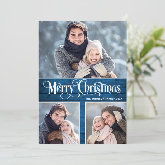 Retro Merry Kerstmis Rustic 6 PHOTO Greeting Feestdagenkaart (Staand voorkant)