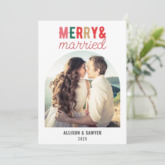 Retro Merry & Married Arch Foto Bruiloft Bedankkaart (Staand voorkant)