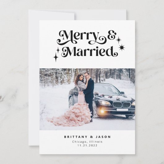 Retro Merry & Married Minimalist Foto Feestdagenkaart (Voorkant)