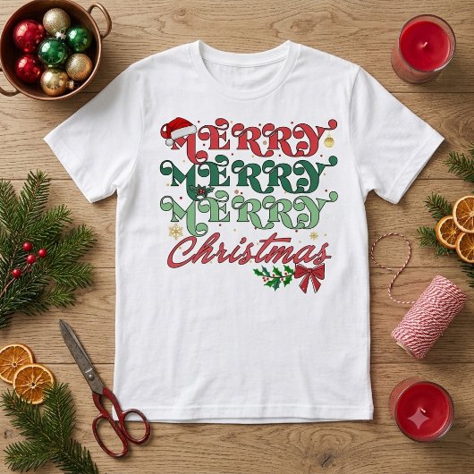 Retro Merry Merry Merry Christmas Groovy Typograph Tri-Blend Shirt