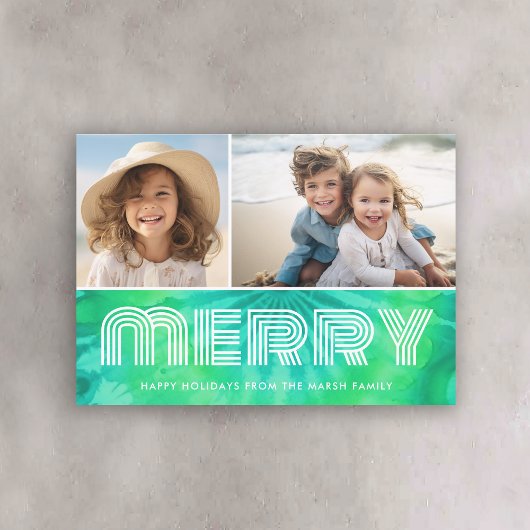 Retro MERRY - Tie-Dye Teal - 2 Foto - 70s Vibe Feestdagenkaart