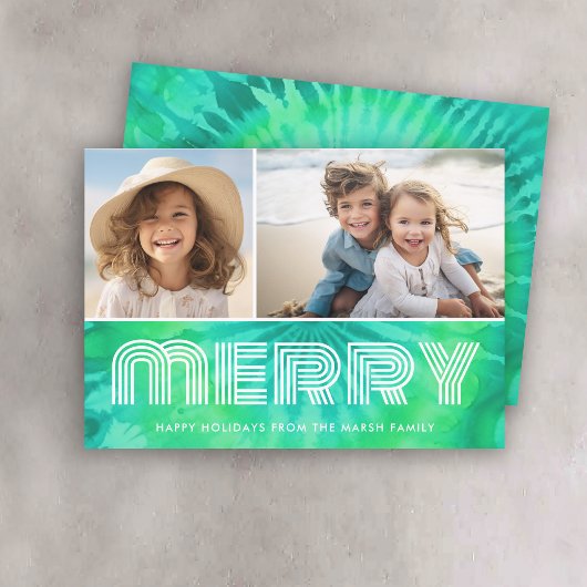 Retro MERRY - Tie-Dye Teal - 2 Foto - 70s Vibe Feestdagenkaart