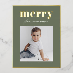 Retro Merry Typografie Taupe Groene Foto Kerstmis Folie Feestdagen Briefkaart