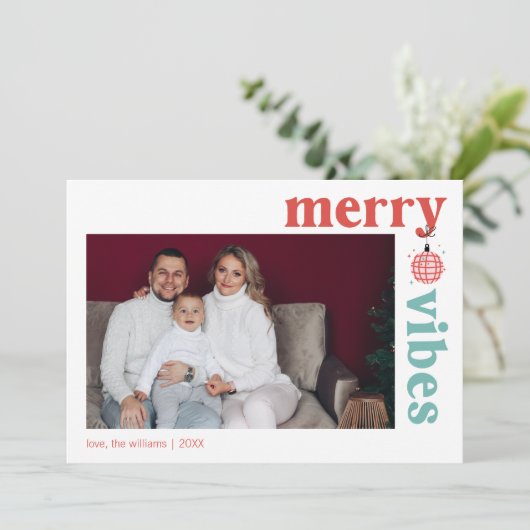 Retro Merry Vibes Familie Foto Vakantiekaart Feestdagenkaart (Staand voorkant)