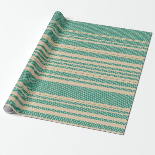 Retro Mesh Stripes in Turquoise en Olive op Beige Cadeaupapier (Uitgerold)