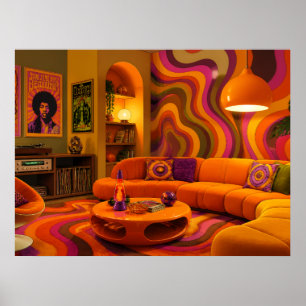 Retro meubels uit de jaren 70 in koele kleuren aan poster