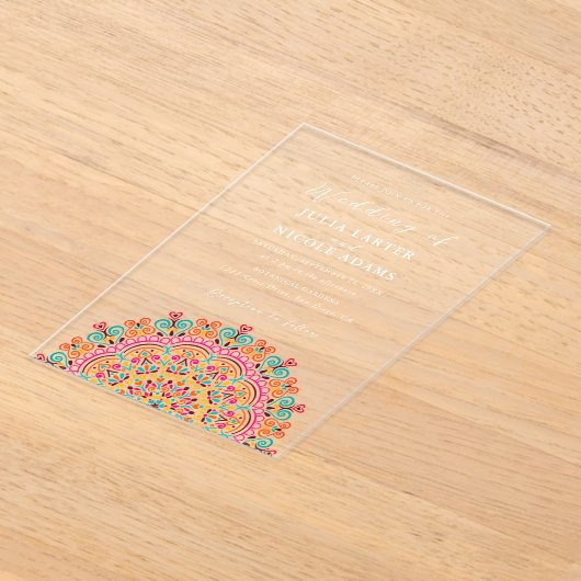 Retro Mexicaans Terrein Bloeiende Mandala bruiloft Acryl Uitnodigingen (Laagn)