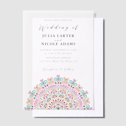 Retro Mexicaans Terrein Bloeiende Mandala bruiloft Vellum Uitnodigingen (Offset)